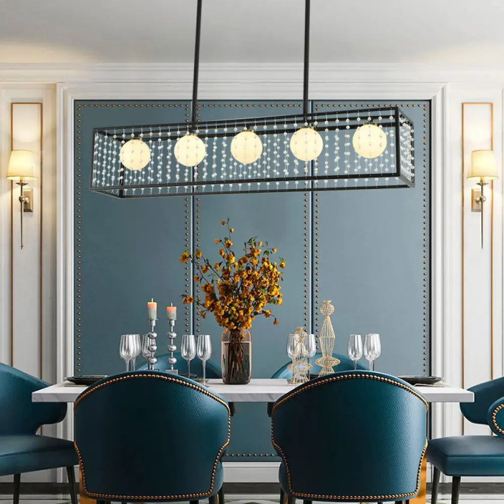 DecorBites™ Modern 5-Head Black Island Light with White Glass and Crystal Shade