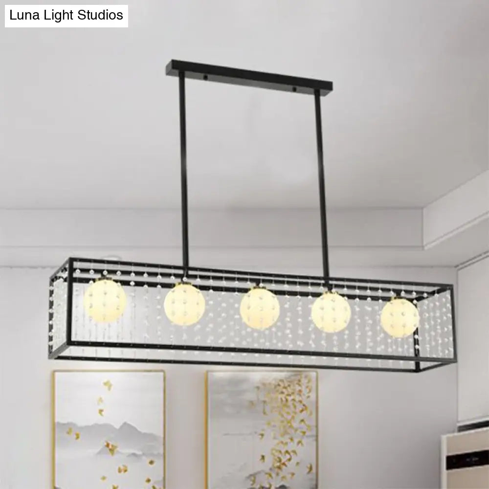 DecorBites™ Modern 5-Head Black Island Light with White Glass and Crystal Shade