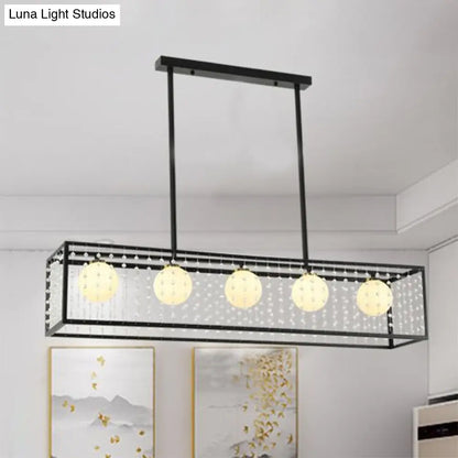 DecorBites™ Modern 5-Head Black Island Light with White Glass and Crystal Shade