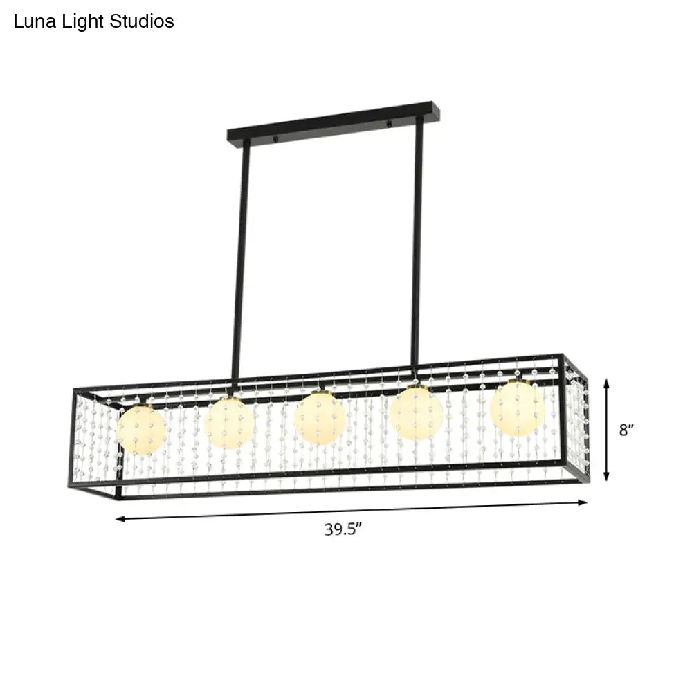 DecorBites™ Modern 5-Head Black Island Light with White Glass and Crystal Shade
