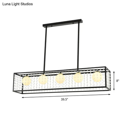 DecorBites™ Modern 5-Head Black Island Light with White Glass and Crystal Shade