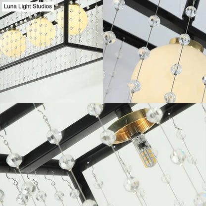 DecorBites™ Modern 5-Head Black Island Light with White Glass and Crystal Shade