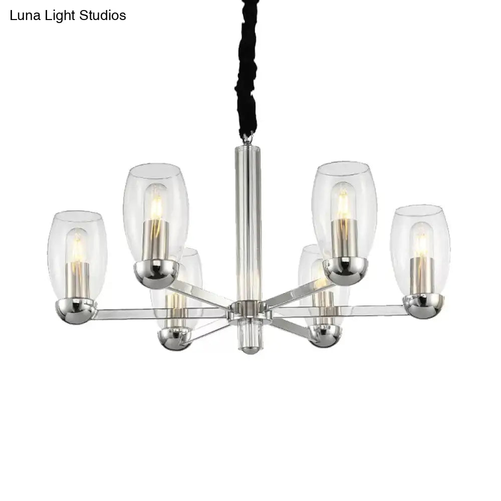DecorBites™ Modern 6-Head Clear Glass Candle Chandelier: Chrome Ceiling Pendant Fixture with Adjustable Chain
