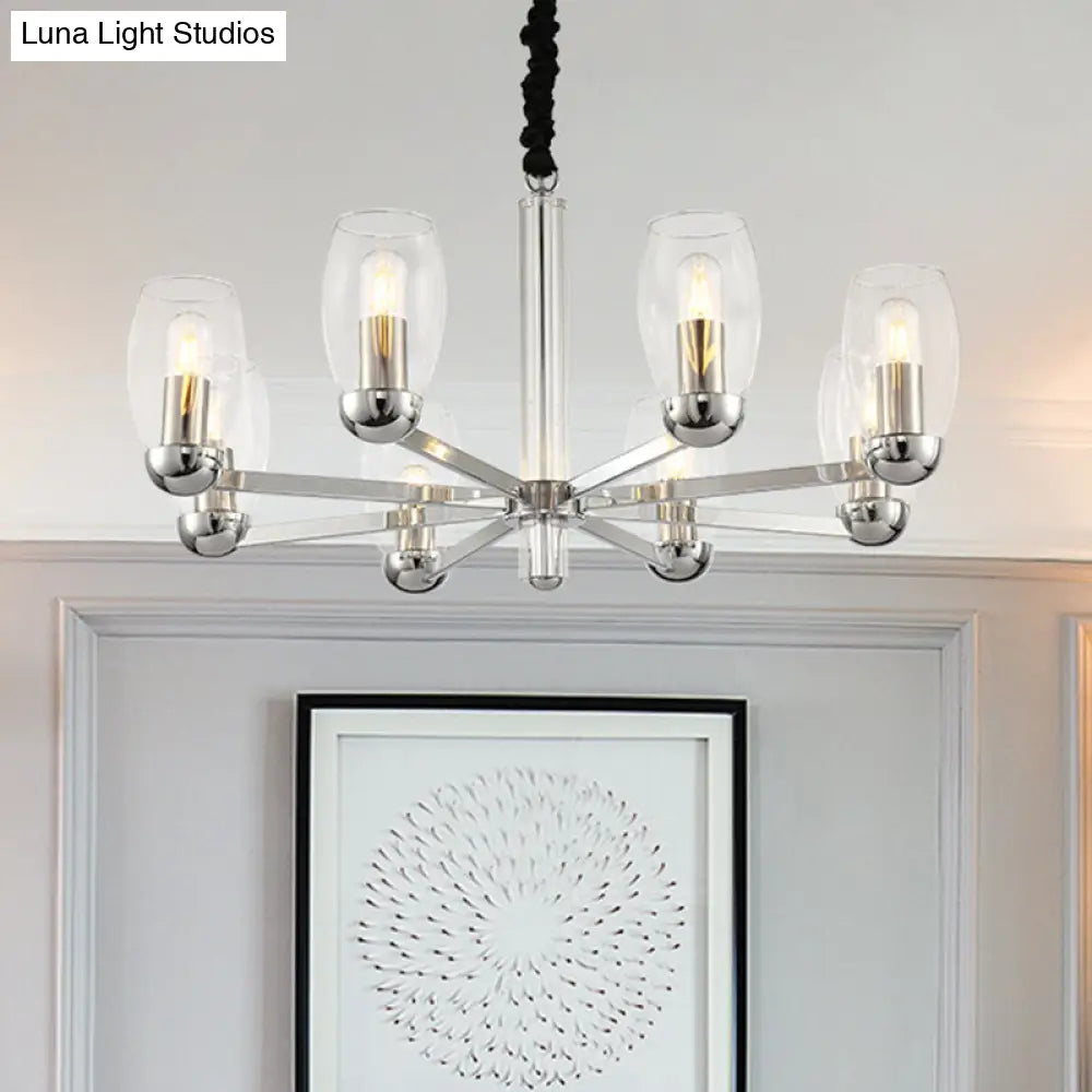 DecorBites™ Modern 6-Head Clear Glass Candle Chandelier: Chrome Ceiling Pendant Fixture with Adjustable Chain