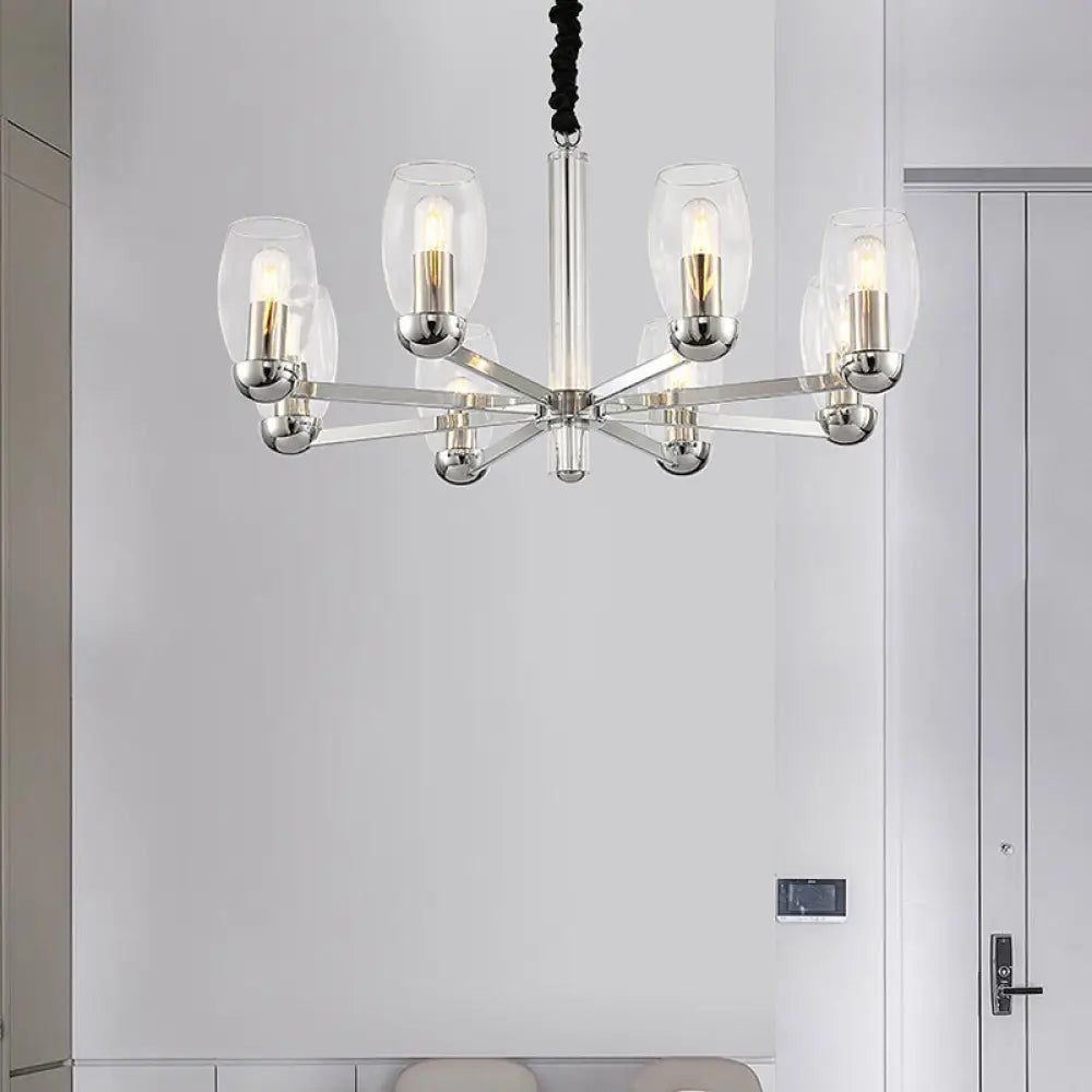 DecorBites™ Modern 6-Head Clear Glass Candle Chandelier: Chrome Ceiling Pendant Fixture with Adjustable Chain