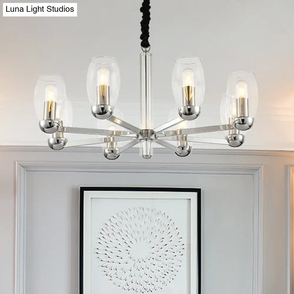 DecorBites™ Modern 6-Head Clear Glass Candle Chandelier: Chrome Ceiling Pendant Fixture with Adjustable Chain