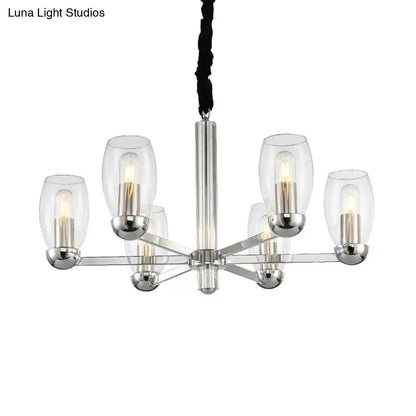 DecorBites™ Modern 6-Head Clear Glass Candle Chandelier: Chrome Ceiling Pendant Fixture with Adjustable Chain