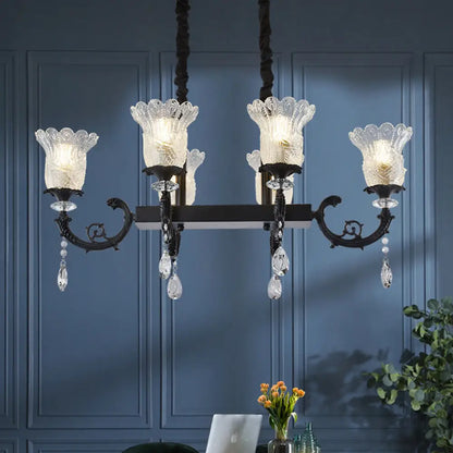 DecorBites™ Modern 6-Head Pendulum Island Pendant Lamp with Black Finish, Clear Crystal Accents