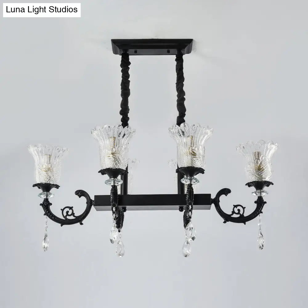 DecorBites™ Modern 6-Head Pendulum Island Pendant Lamp with Black Finish, Clear Crystal Accents