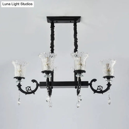 DecorBites™ Modern 6-Head Pendulum Island Pendant Lamp with Black Finish, Clear Crystal Accents