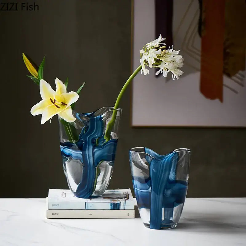 Modern abstract blue & clear striped glass vase living room decor