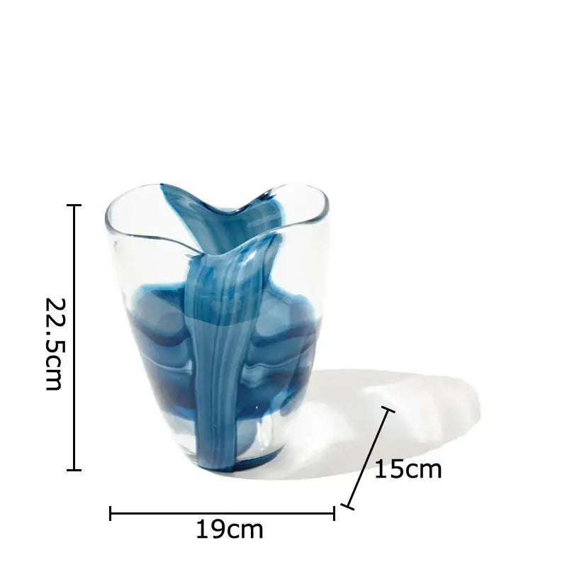 Modern abstract blue & clear striped glass vase living room decor