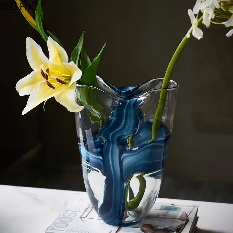 Modern abstract blue & clear striped glass vase living room decor