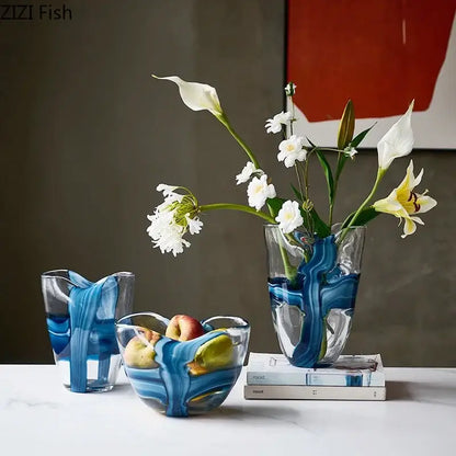 Modern abstract blue & clear striped glass vase living room decor