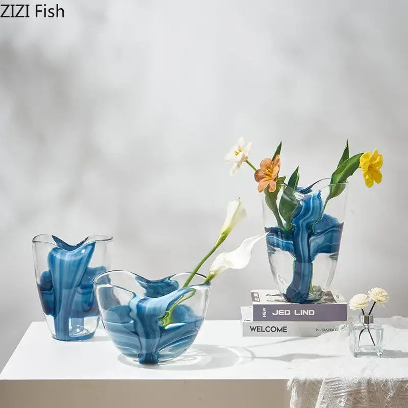 Modern abstract blue & clear striped glass vase living room decor