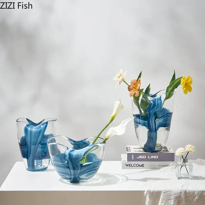Modern abstract blue & clear striped glass vase living room decor