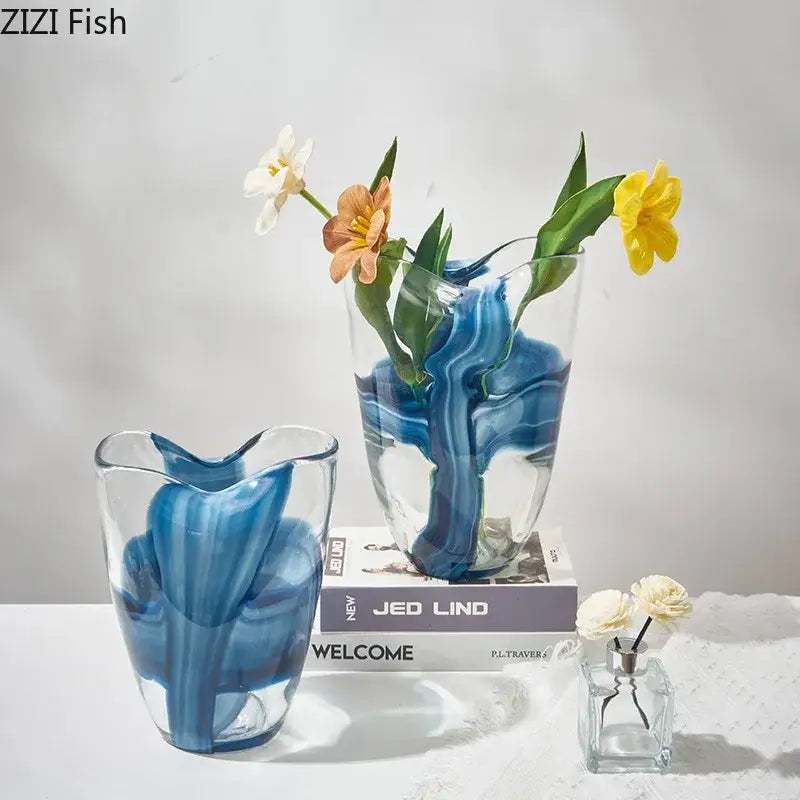 Modern abstract blue & clear striped glass vase living room decor