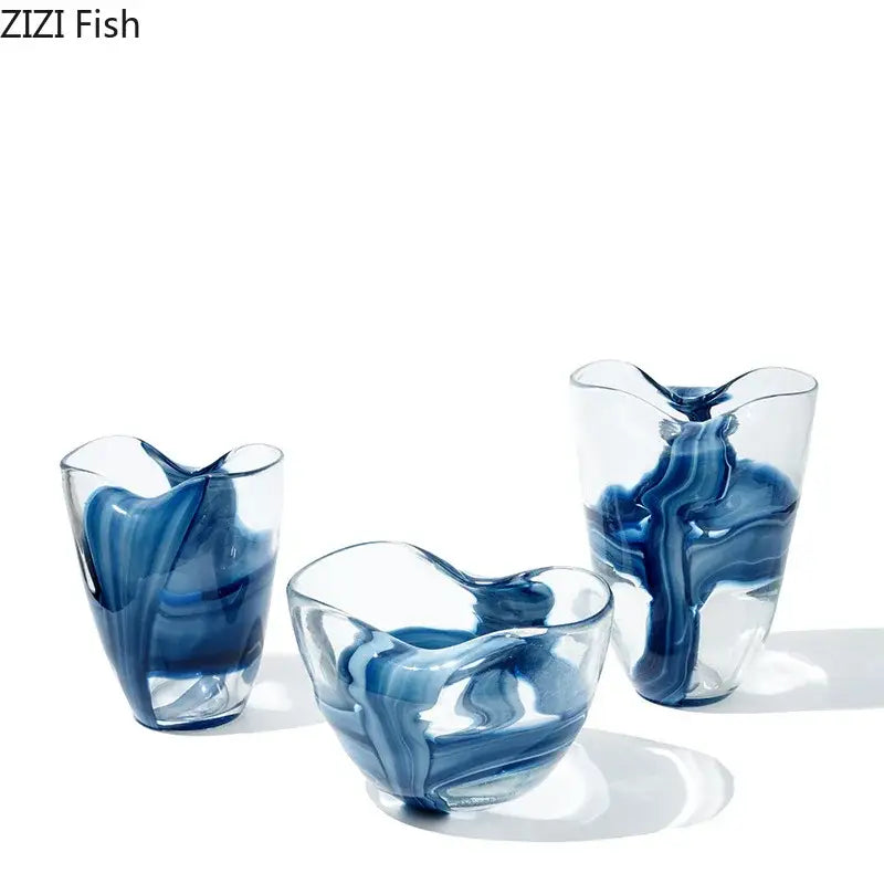 Modern abstract blue & clear striped glass vase living room decor