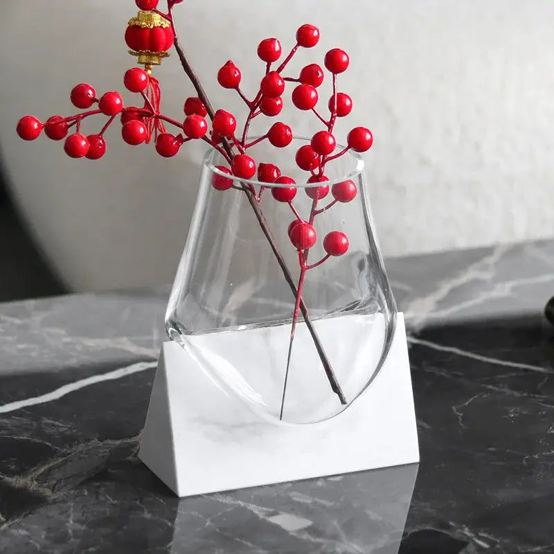 Modern abstract glass vase with white marble base living room decor