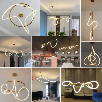 Modern abstract white & gold lines chandelier dining room light