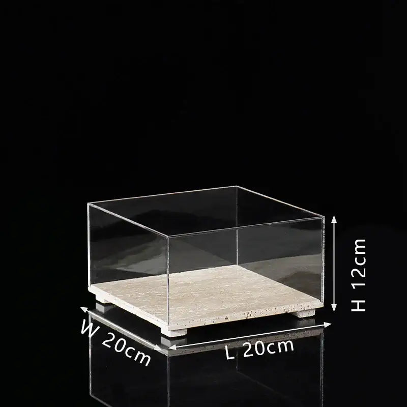 Modern acrylic display case with travertine base for dining room