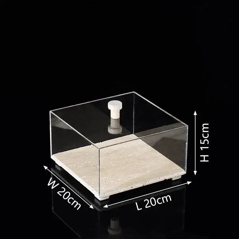 Modern acrylic display case with travertine base for dining room