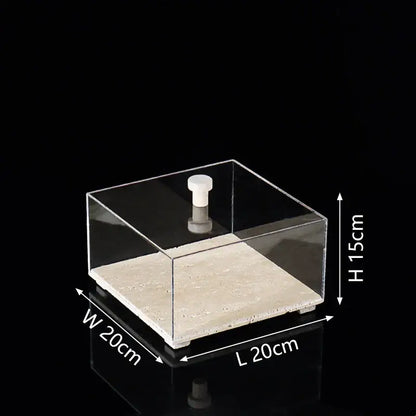 Modern acrylic display case with travertine base for dining room