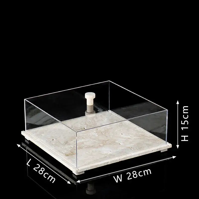 Modern acrylic display case with travertine base for dining room