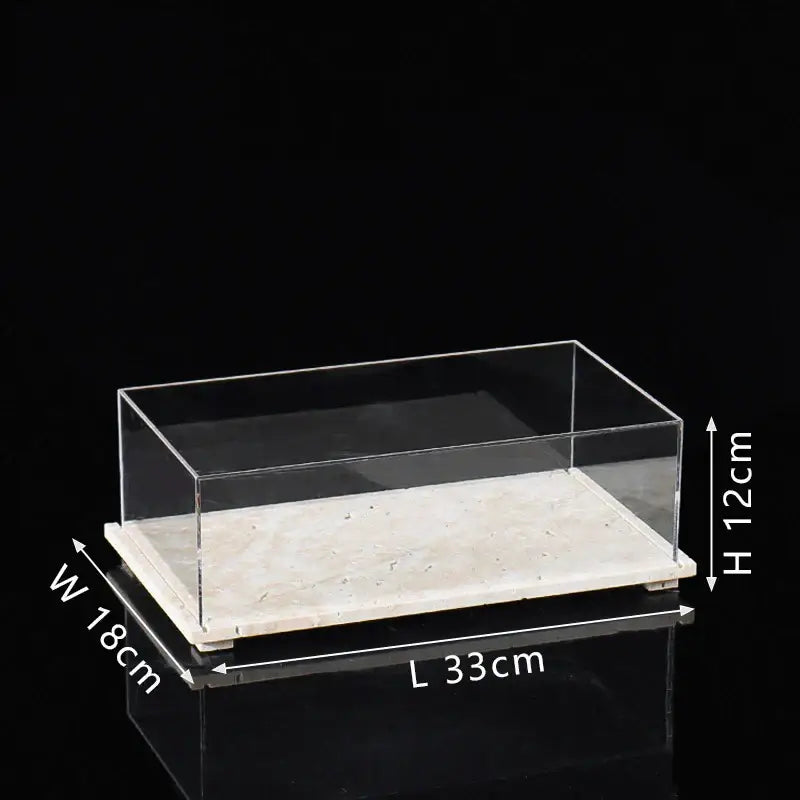 Modern acrylic display case with travertine base for dining room
