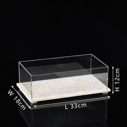 Modern acrylic display case with travertine base for dining room