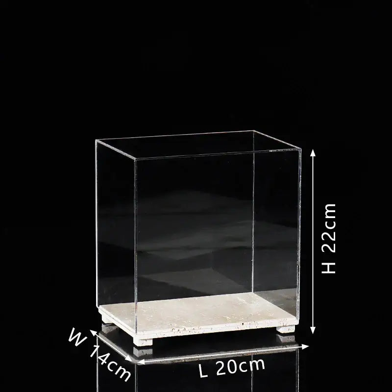 Modern acrylic display case with travertine base for dining room