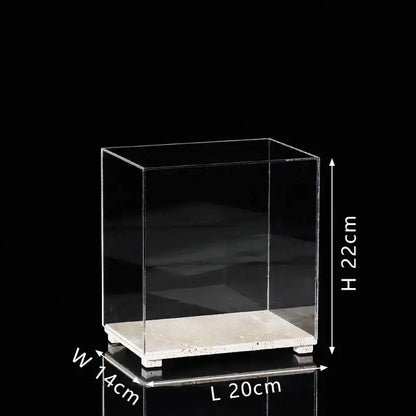 Modern acrylic display case with travertine base for dining room