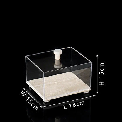 Modern acrylic display case with travertine base for dining room