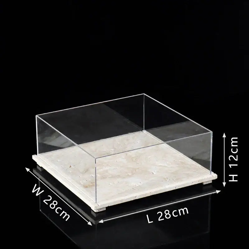 Modern acrylic display case with travertine base for dining room