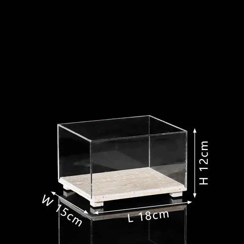 Modern acrylic display case with travertine base for dining room