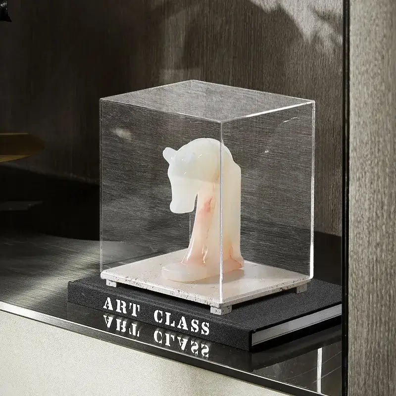 Modern acrylic display case with travertine base for dining room