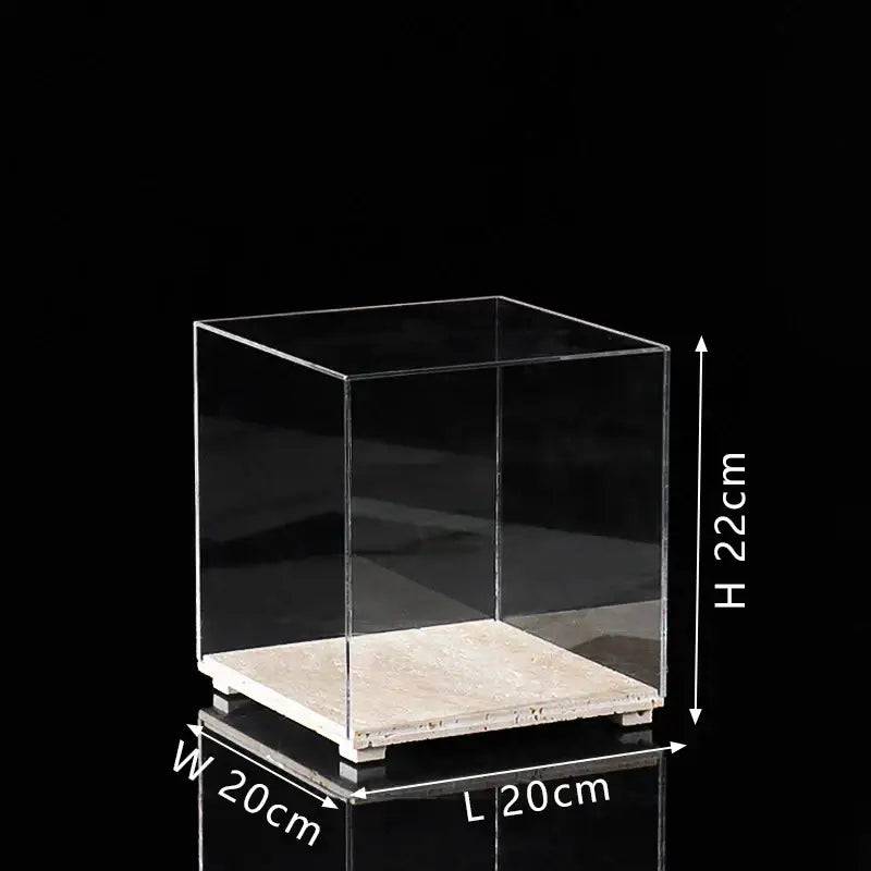 Modern acrylic display case with travertine base for dining room