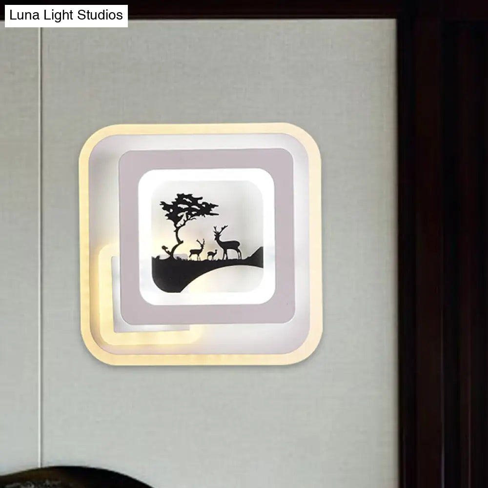 DecorBites™ Modern Acrylic LED Sconce: White Wall Lamp with Deer/Feather Pattern - Perfect for Living Room