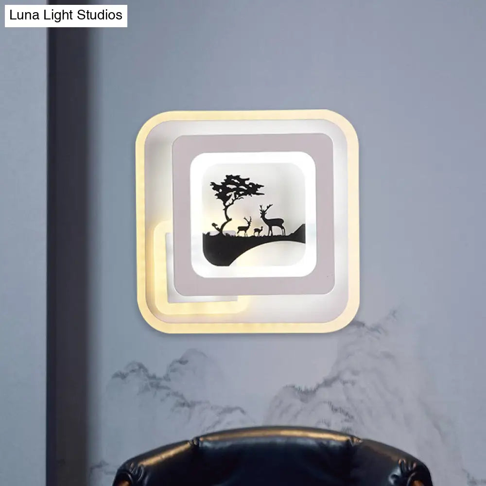 DecorBites™ Modern Acrylic LED Sconce: White Wall Lamp with Deer/Feather Pattern - Perfect for Living Room