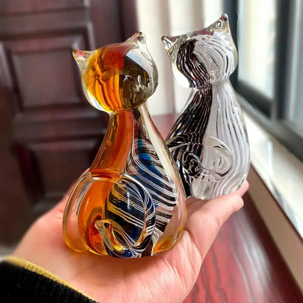 Modern amber & black glass cat figurine set living room decor