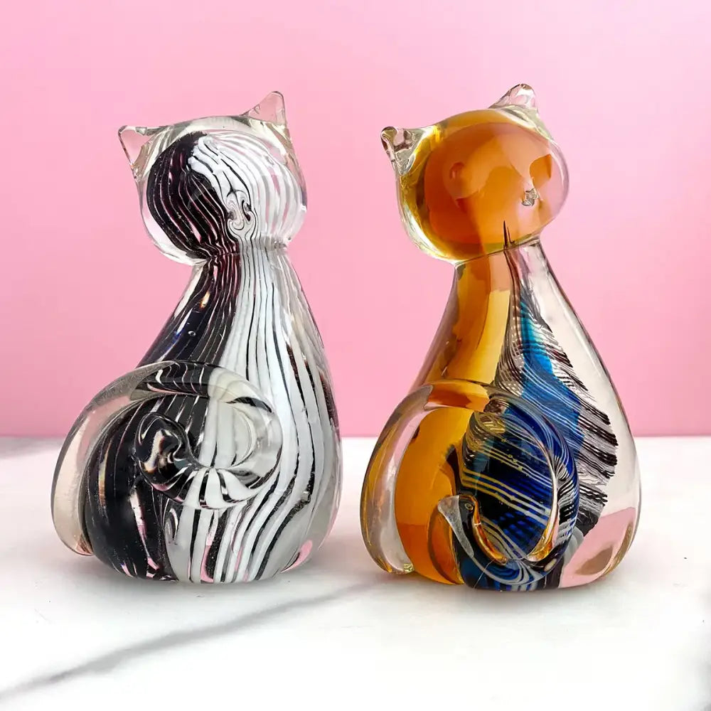 Modern amber & black glass cat figurine set living room decor