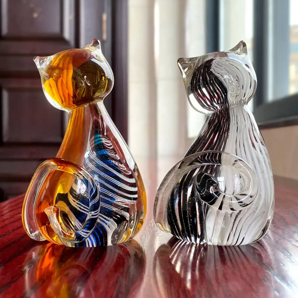Modern amber & black glass cat figurine set living room decor
