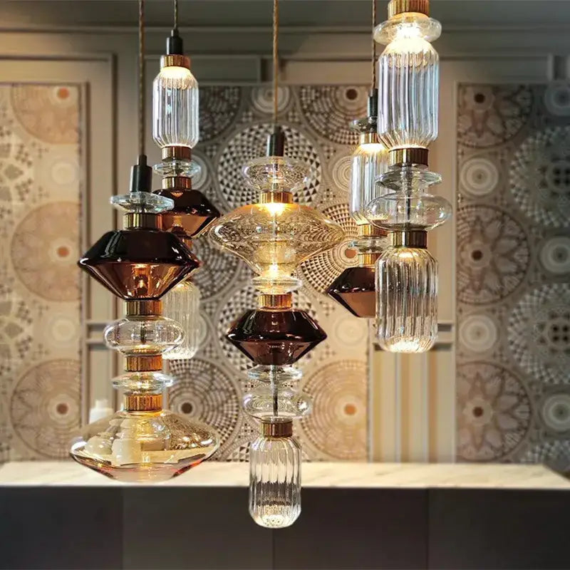 Modern amber & brown glass ballet pendant lamp for dining room
