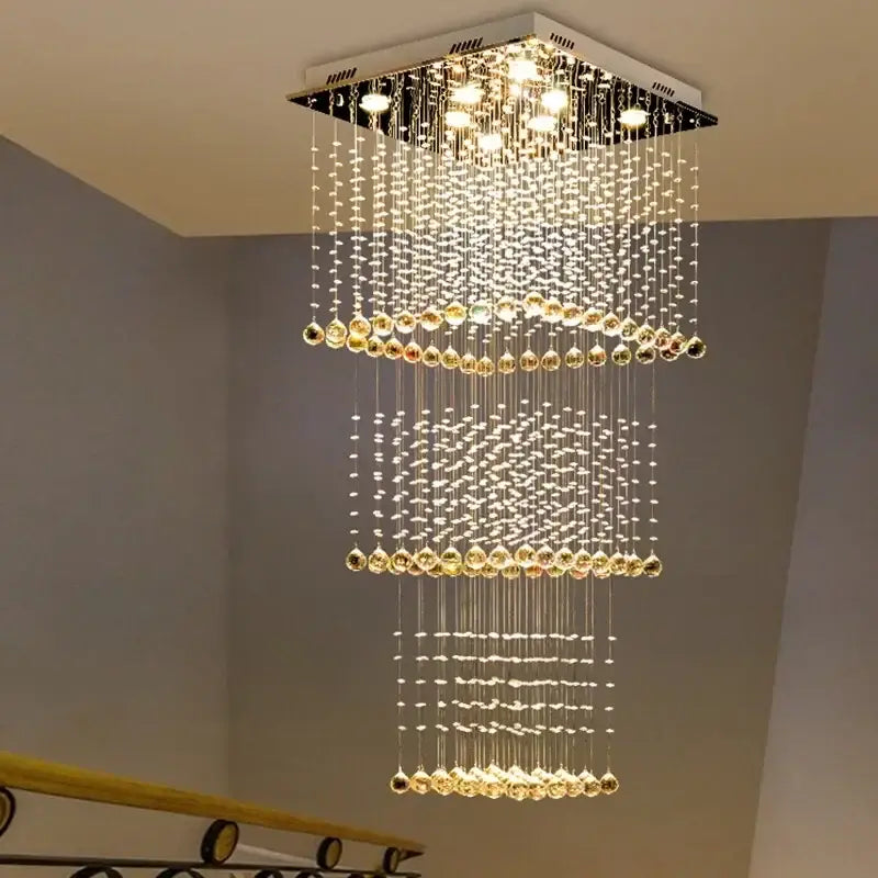 Modern amber & clear crystal teardrop stairwell chandelier hotel luxury