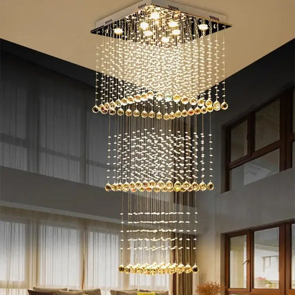Modern amber & clear crystal teardrop stairwell chandelier hotel luxury