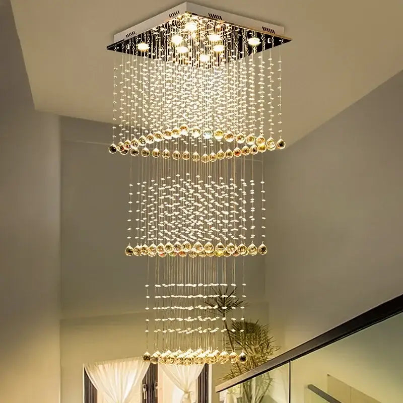 Modern amber & clear crystal teardrop stairwell chandelier hotel luxury