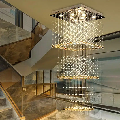 Modern amber & clear crystal teardrop stairwell chandelier hotel luxury