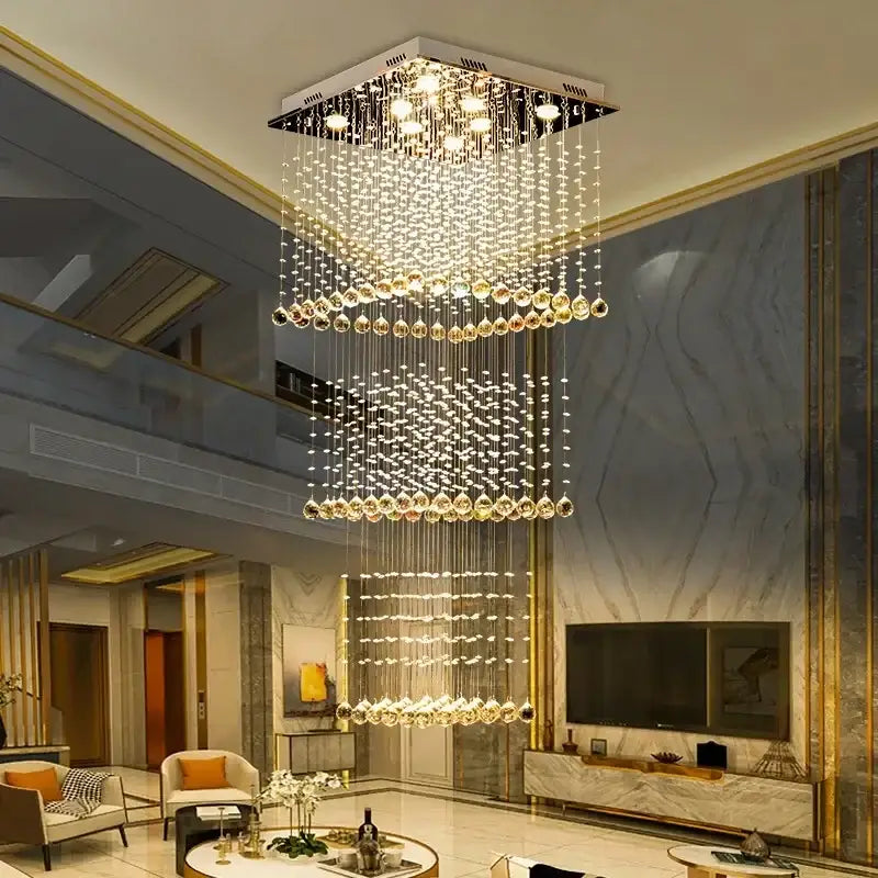 Modern amber & clear crystal teardrop stairwell chandelier hotel luxury