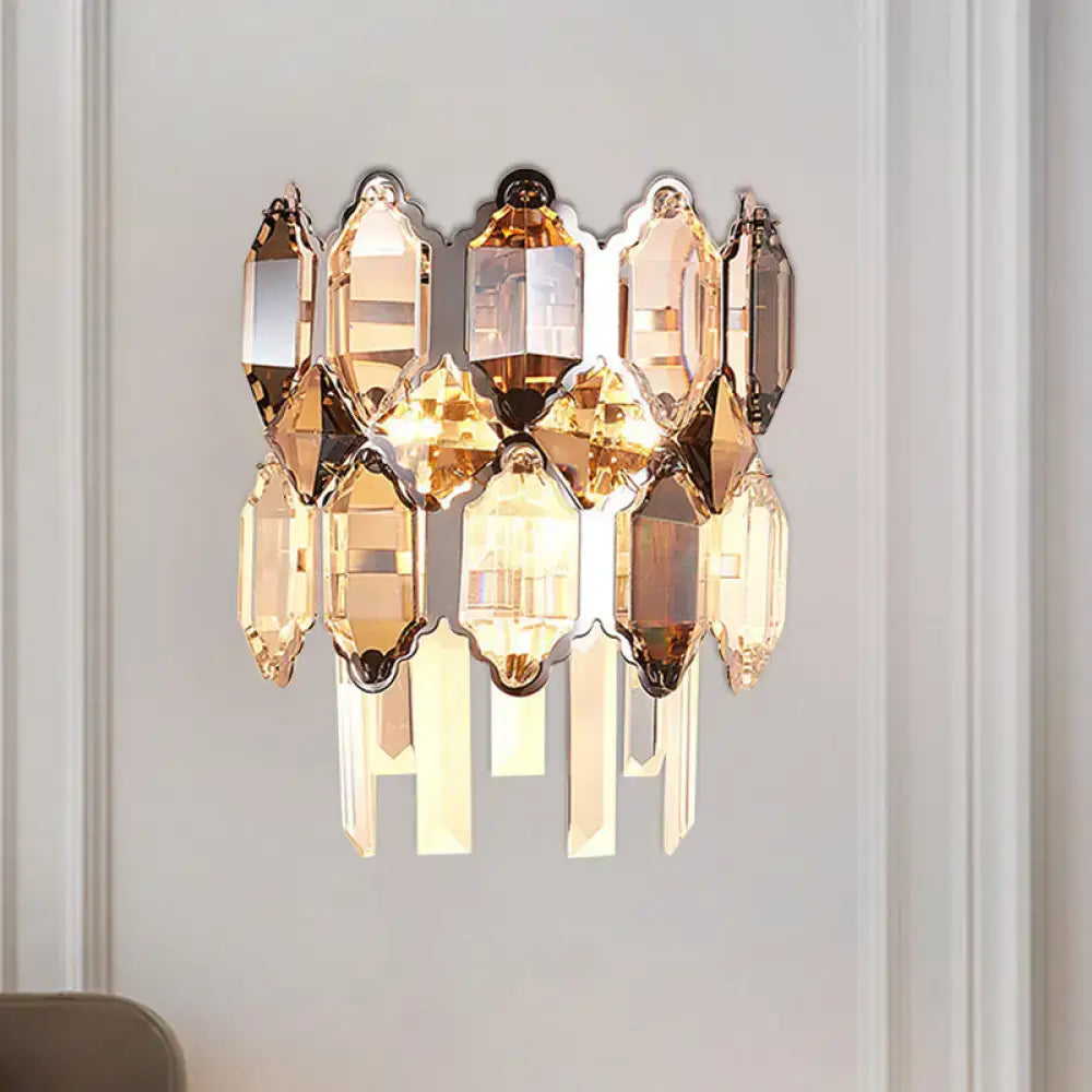 Modern amber & clear crystal wall sconce staircase brass light