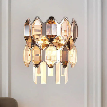 Modern amber & clear crystal wall sconce staircase brass light
